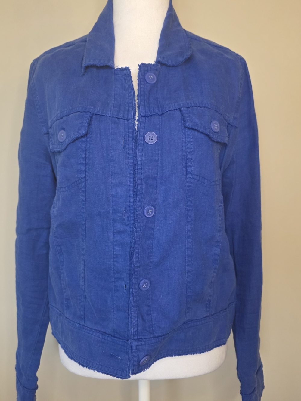 Tommy Bahama Women’s M 100% Linen Cobalt Blue Button Front Jacket Raw Edge Coast - Picture 2 of 8